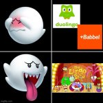 SO FRICKIN NOLSTAGIC MATE | image tagged in drake alternative with boo ghost from super mario dark,nolstagia,childhood,the lingo show,duolingo,babbel | made w/ Imgflip meme maker