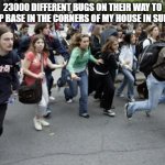 Crowd Running | 23000 DIFFERENT BUGS ON THEIR WAY TO SET UP BASE IN THE CORNERS OF MY HOUSE IN SUMMER | image tagged in crowd running | made w/ Imgflip meme maker