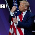 Trump hugs and kisses the American flag