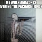 Skeleton waits | ME WHEN AMAZON IS DELIVERING THE PACKAGE I ORDERED | image tagged in skeleton looking out window | made w/ Imgflip meme maker