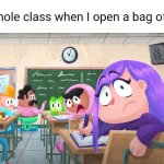 BRO ONLY SAVED ONLY FOR HIMSELF | The whole class when I open a bag of chips: | image tagged in duo friends shocked | made w/ Imgflip meme maker