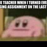 LOL | THE TEACHER WHEN I TURNED EVERY MISSING ASSIGNMENT ON THE LAST DAY: | image tagged in kirby derp-face,kirby,school,school meme | made w/ Imgflip meme maker