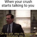 Watch this get no upvotes | When your crush starts talking to you | image tagged in oh my god okay it's happening everybody stay calm,why are you reading the tags,stop reading the tags,stop,i said stop | made w/ Imgflip meme maker