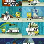 literally twitter users in a nutshell | BISEXUALS; I BLOCK ALL MEN ON TWITTER; PANSEXUALS; GAY; DEMIBOY; ASEXUALS; TRANS | image tagged in spongebob shows patrick garbage | made w/ Imgflip meme maker