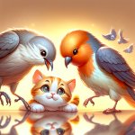 2 birds telling a kitten how to kill them