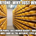 cheese | EVERYONE: WHY, JUST WHY!!! FRENCH PEOPLE: (IN A FRENCH ACCENT) "HUH, HUH, HUH YOU MUST HAVE ALL THE DIFFERENT TYPES OF CHEESE | image tagged in cheese | made w/ Imgflip meme maker