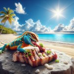 a lizzard eating a steak under the sun in front of a beach