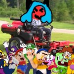 Wario dies by Waluigi and Jeffy accidentally summoning a Demon landscaper while having a party in their backyard | image tagged in landscaper on a riding lawn mower,wario dies,crossover | made w/ Imgflip meme maker