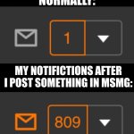 1 notification vs. 809 notifications with message | MY NOTIFICATIONS NORMALLY:; MY NOTIFICTIONS AFTER I POST SOMETHING IN MSMG: | image tagged in memes,1 notification vs 809 notifications with message,funny,msmg | made w/ Imgflip meme maker