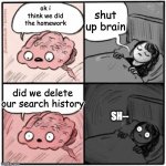 me sleeping | shut up brain; ok i think we did the homework; did we delete our search history; SH-- | image tagged in brain before sleep | made w/ Imgflip meme maker