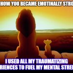 Lion King | DAD, HOW YOU BECAME EMOTINALLY STRONG? I USED ALL MY TRAUMATIZING EXPERIENCES TO FUEL MY MENTAL STRENGTH | image tagged in memes,lion king | made w/ Imgflip meme maker