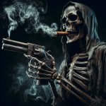 skeleton shooting gun and smoking cigar