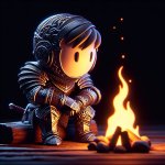 Angry adventurer sitting beside a campfire wearing heavy armor