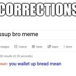 google corrections be like: | GOOGLE CORRECTIONS BE LIKE:; yo wassup bro meme; you wallet up bread mean | image tagged in correction,google,idk what other tags should i put in | made w/ Imgflip meme maker