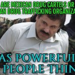 Are Mexican Drug Cartels Or Mexican Drug Trafficking Organizations As Powerful As People Think? | ARE MEXICAN DRUG CARTELS OR MEXICAN DRUG TRAFFICKING ORGANIZATIONS; AS POWERFUL AS PEOPLE THINK? | image tagged in el chapo,mexico,mexican,war on drugs,cocaine,drugs | made w/ Imgflip meme maker