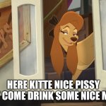 Come Drink Some Nice Milk | HERE KITTE NICE PISSY CAT COME DRINK SOME NICE MILK | image tagged in dixie's hiding | made w/ Imgflip meme maker