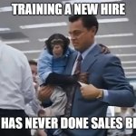 Training a new salesperson | TRAINING A NEW HIRE; THAT HAS NEVER DONE SALES BEFORE | image tagged in wolf of wall street monkey,sales,monkey | made w/ Imgflip meme maker