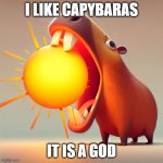 capybara swallowing the sun | I LIKE CAPYBARAS; IT IS A GOD | image tagged in capybara swallowing the sun | made w/ Imgflip meme maker