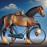 horse riding a bike with a cat on its back