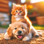 Cute kitten sitting on a puppy