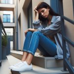 Dejected woman sitting outside