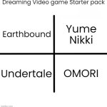 OMORI included | Dreaming Video game Starter pack; Yume Nikki; Earthbound; Undertale; OMORI | image tagged in memes,blank starter pack,japanese | made w/ Imgflip meme maker