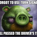 Yayy I passed | FORGOT TO USE TURN SIGNAL; STILL PASSED THE DRIVER'S TEST | image tagged in realistic angry birds | made w/ Imgflip meme maker