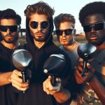 Four guys wearing sunglasses aiming weapons in the same directio