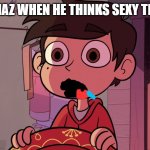 oh my! marco's drooling! | MARCO DIAZ WHEN HE THINKS SEXY THOUGHTS: | image tagged in marco diaz looking at stars dress for the blood moon ball | made w/ Imgflip meme maker