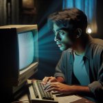 young man is sitting in front of an old computer and stunning in