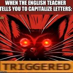 No capital letters | WHEN THE ENGLISH TEACHER TELLS YOU TO CAPITALIZE LETTERS: | image tagged in sabo tabby,communist,english teachers,capital,communist cat,cats | made w/ Imgflip meme maker