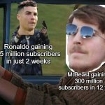 You better watch out for Ronaldo, MrBeast! | Ronaldo gaining 55 million subscribers in just 2 weeks; MrBeast gaining 300 million subscribers in 12 years | image tagged in harry with guns scared ron,mrbeast,cristiano ronaldo,ronaldo,subscribe,competition | made w/ Imgflip meme maker