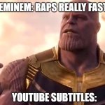 Its more like 1 4th tbh | EMINEM: RAPS REALLY FAST; YOUTUBE SUBTITLES: | image tagged in thanos snap,funny,cool,avengers | made w/ Imgflip meme maker