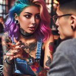 young woman with dyed hair, tattoos, and a nose ring explains so