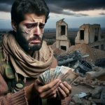 A man cryiing over losing Money After a war