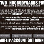 I hate this user, ban him | TWD_NOOBODYCARDS POV; IMGFLIP; POST MEMES AND COMMENT, FOREVER; IMGFLIP.COM/TWD_NOOBODYCARD_IS_SHITTY; NOO MY IMGFLIP ACCOUNT GOT BANNED NOOOO | image tagged in account permanently banned,i hate this user | made w/ Imgflip meme maker