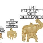 High Schoolers comparison | HIGH SCHOOLERS WHEN YOUR IN ELEMENTARY SCHOOL; HIGH SCHOOLS WHEN YOUR IN MIDDLE SCHOOL; HIGH SCHOOLERS WHEN YOUR IN HIGH SCHOOL | image tagged in cheems buff doge ultra doge | made w/ Imgflip meme maker