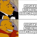 the arab conquest of iran | PERSIANS BEFORE THE ARAB CONQUEST; PERSIANS AFTER THE ARAB CONQUEST | image tagged in tuxedo winnie the pooh grossed reverse,iran,persian,iranian,funny memes,arab | made w/ Imgflip meme maker