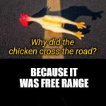 Fast food | BECAUSE IT WAS FREE RANGE | image tagged in why did the chicken cross the road | made w/ Imgflip meme maker