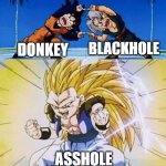 asshole sucked me up | BLACKHOLE; DONKEY; ASSHOLE | image tagged in dbz fusion | made w/ Imgflip meme maker