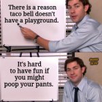 Doh! | There is a reason taco bell doesn't have a playground. Memes by Jay; It's hard to have fun if you might poop your pants. | image tagged in jim halpert explains,poop,taco bell,playground | made w/ Imgflip meme maker