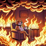 The cartoon dog in a burning room, sipping coffee.