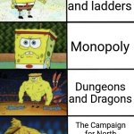 Game Night, Baby! | Snakes and ladders; Monopoly; Dungeons and Dragons; The Campaign for North Africa: The Desert War (1940-1943) | image tagged in spongebob strength,memes,dank memes,monopoly,dungeons and dragons | made w/ Imgflip meme maker