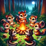 cute chipmunks-style character camped out around a wood fire