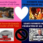 favorite and least favorite character | OSHA (STAR WARS); THE WORSET DISNEY CEO | image tagged in favorite and least favorite character,favorites,tanjiro,smg4,osha,woke | made w/ Imgflip meme maker