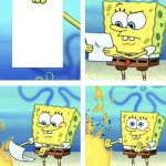 spongebob throwing paper in fire