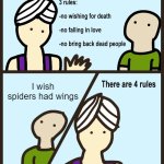 Wish wasted | I wish spiders had wings | image tagged in genie rules meme | made w/ Imgflip meme maker