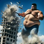 fat man destroying buildings