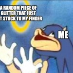 Relatable? | A RANDOM PIECE OF GLITTER THAT JUST GOT STUCK TO MY FINGER; ME | image tagged in sonic derp,memes,funny,relatable,goofy ahh,oh wow are you actually reading these tags | made w/ Imgflip meme maker