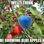 well i think we growing blue apples now | WELL I THINK; WE BE GROWING BLUE APPLES NOW | image tagged in well i think we growing blue apples now | made w/ Imgflip meme maker